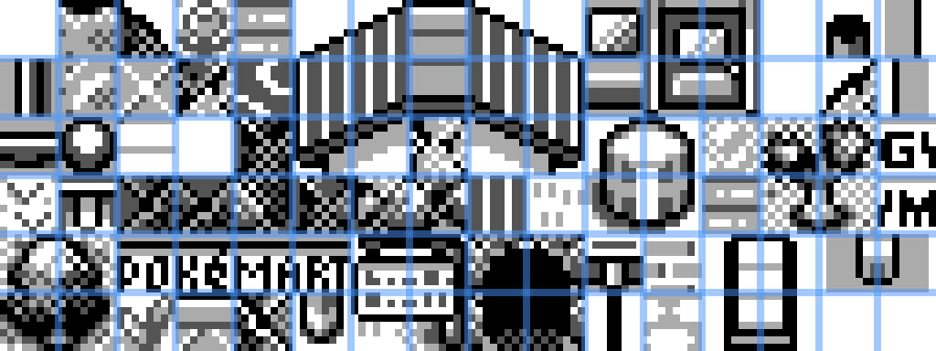 A picture of the overworld tileset from PokÃ©mon Red and Blue with tile dividers